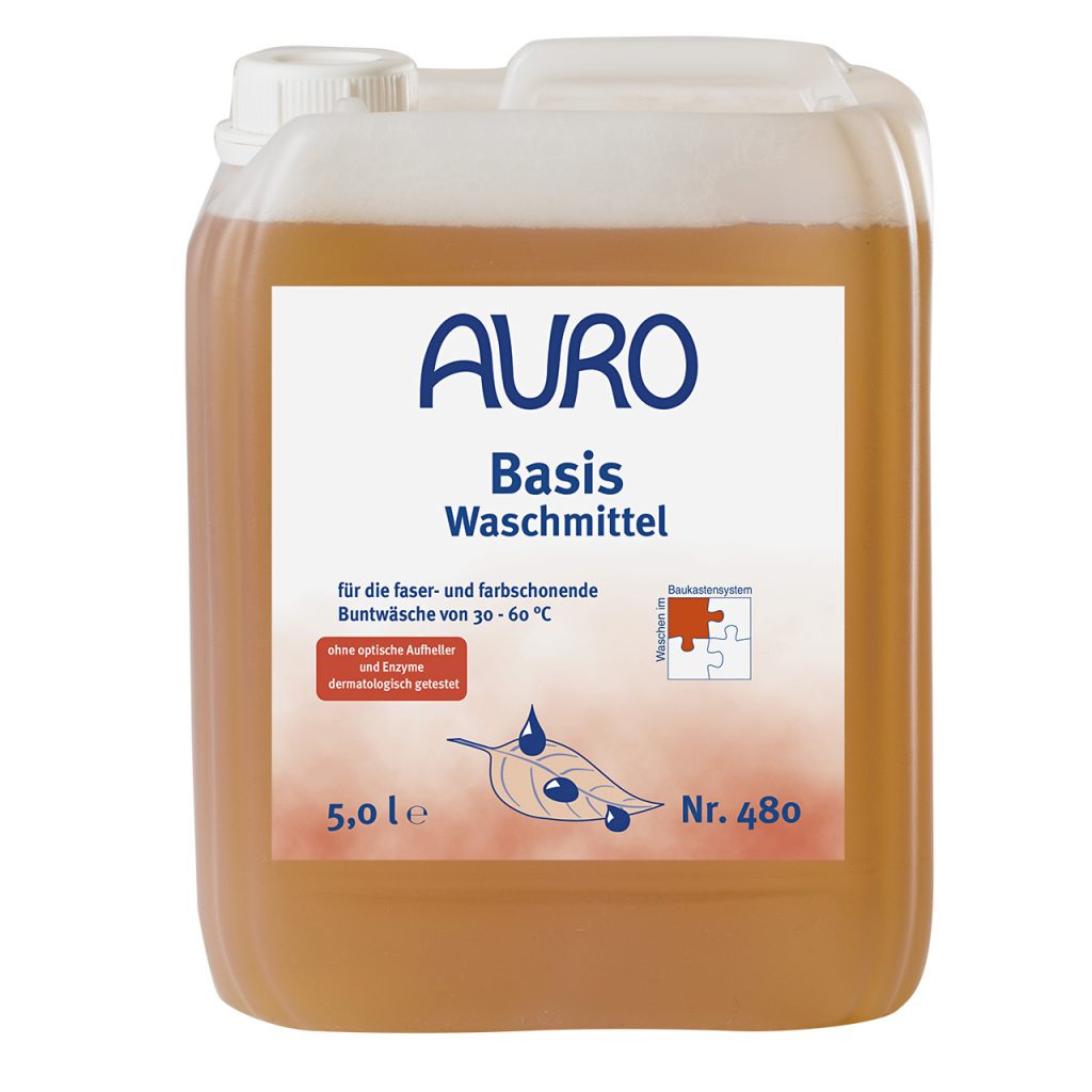 AURO Basis-Waschmittel Nr. 480 im 5 Liter Kanister mit weißem Etikett, dermatologisch getestet und ohne Aufheller