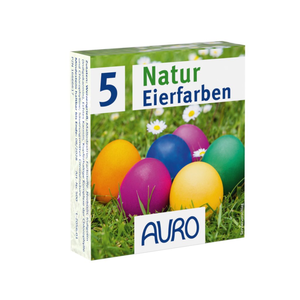 AURO Natur Eierfarben Nr. 500 im Schächtelchen mit bunt gefärbten Ostereiern