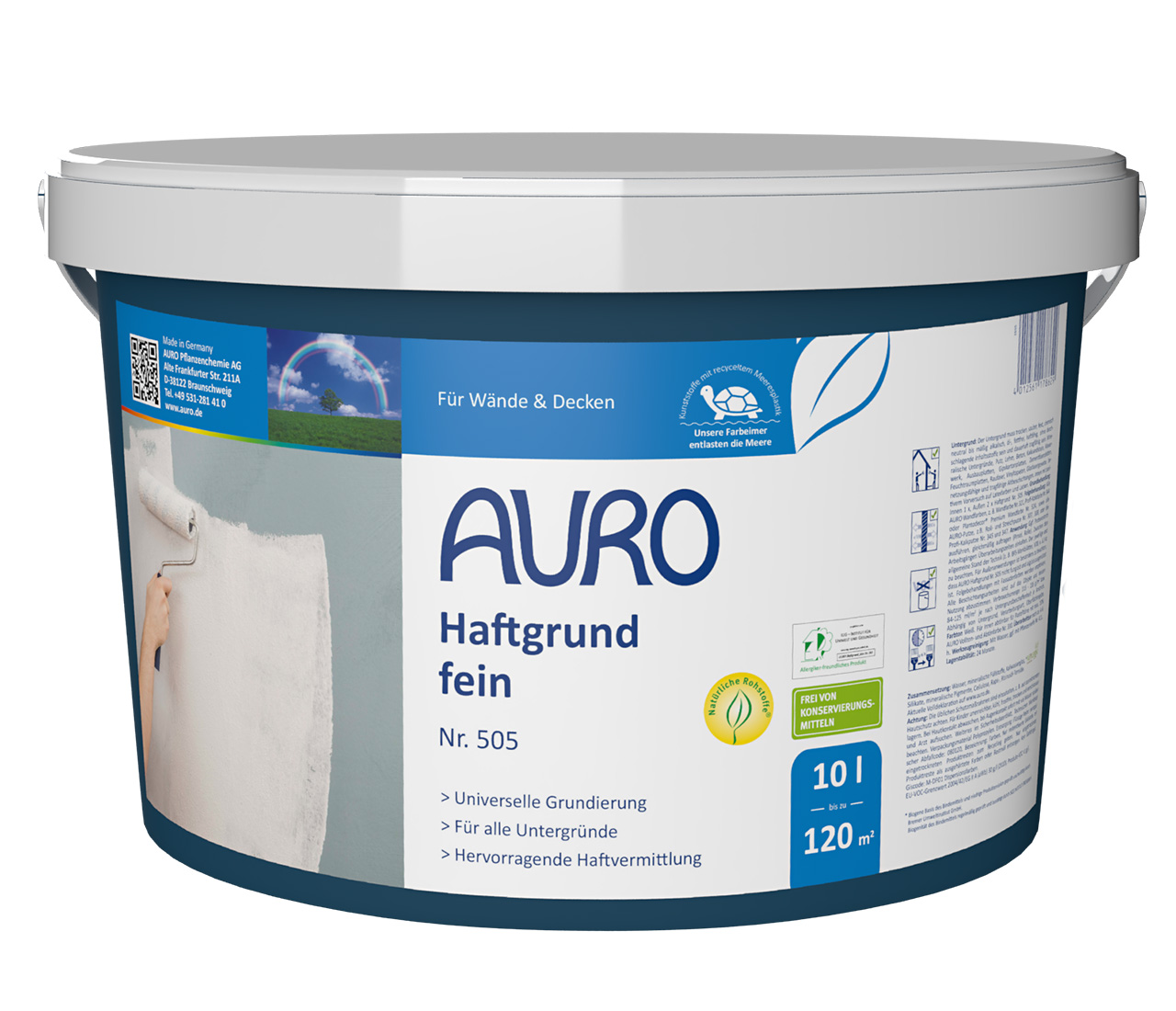AURO Haftgrund, fein Nr. 505 im 10 Liter Gebinde mit weißem Etikett, ideal für schwierige Untergründe