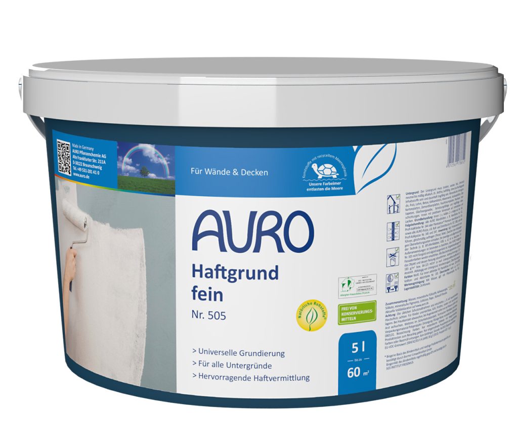 AURO Haftgrund, fein Nr. 505 im 5 Liter Gebinde mit weißem Etikett und Produktdetails sichtbar