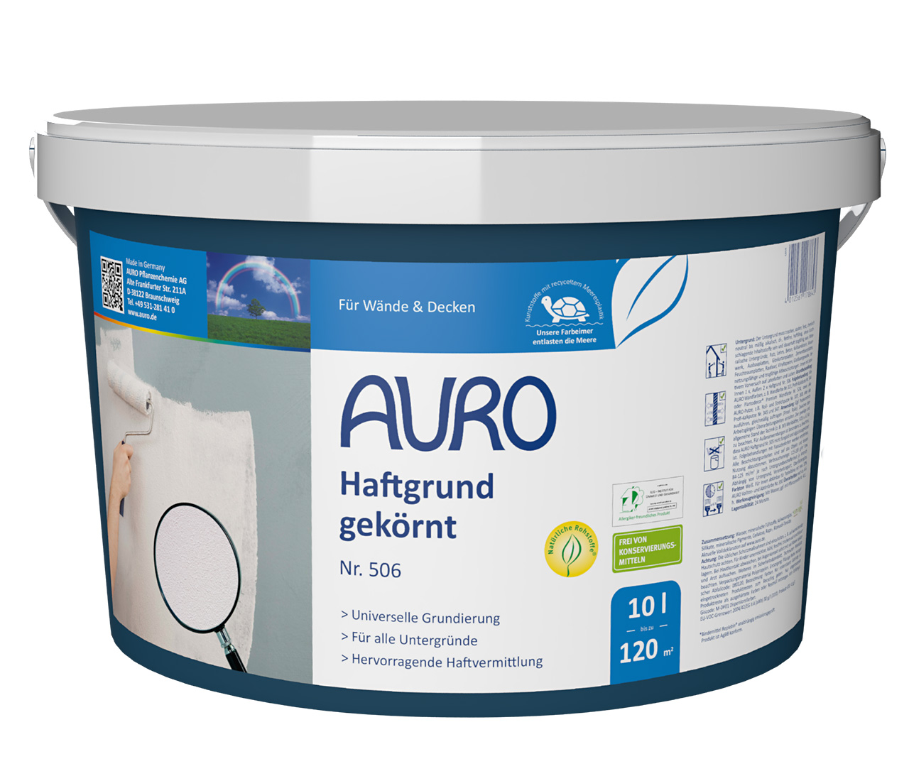 10 Liter Gebinde AURO Haftgrund, gekörnt Nr. 506 mit weißem Etikett und REPLEBIN®-Logo