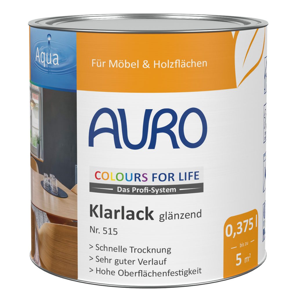 AURO COLOURS FOR LIFE Klarlack, glänzend Nr. 515 in 0,375 Liter Dose mit weißem Etikett und DIN-Zertifikaten