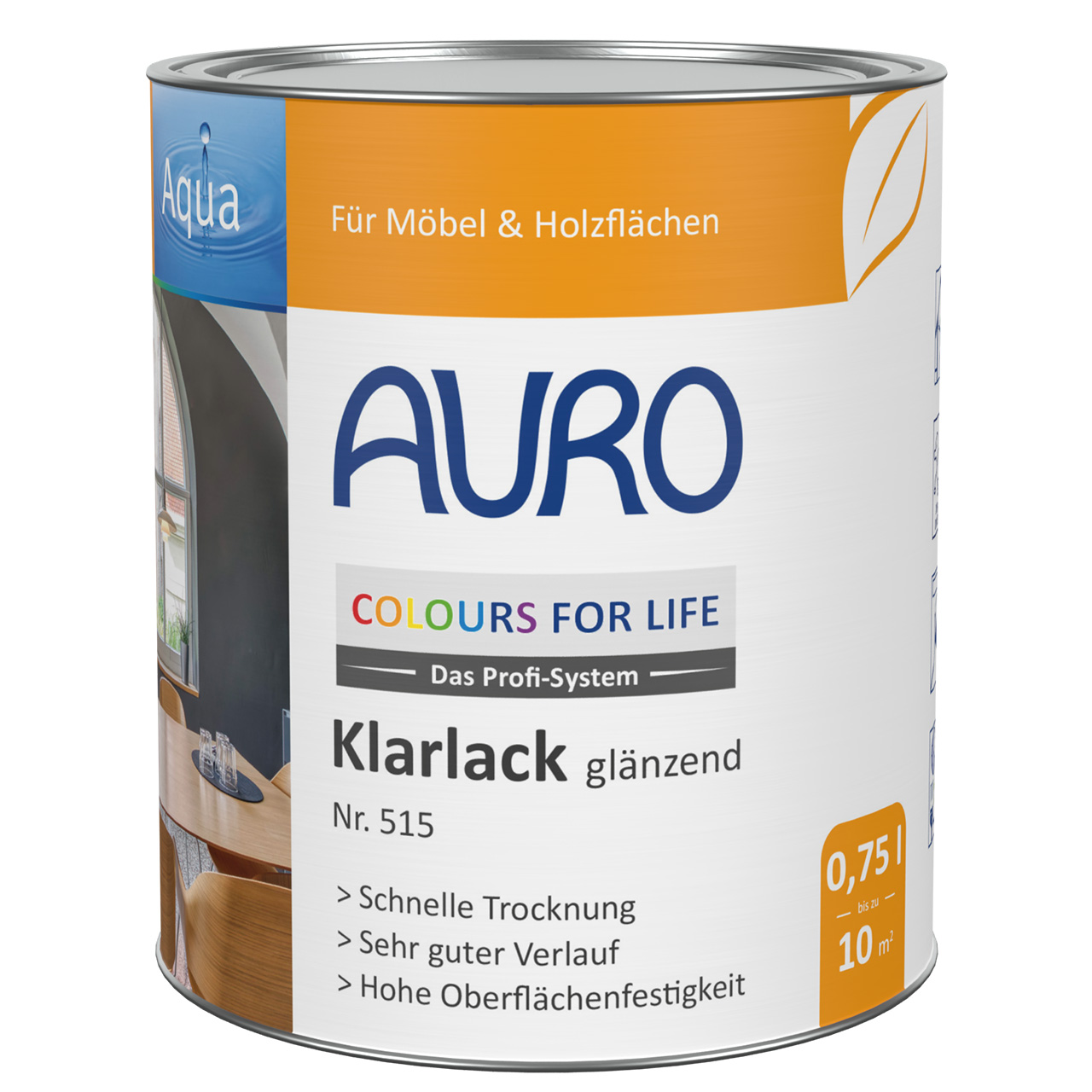 AURO COLOURS FOR LIFE Klarlack, glänzend Nr. 515 – 0,75 Liter Dose mit weißem Etikett und DIN-Prüfzeichen