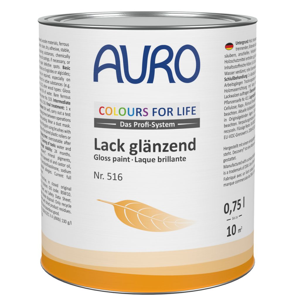 AURO COLOURS FOR LIFE Lack, glänzend Nr. 516 in 0,75 Liter Dose mit Siegeln auf weißem Etikett
