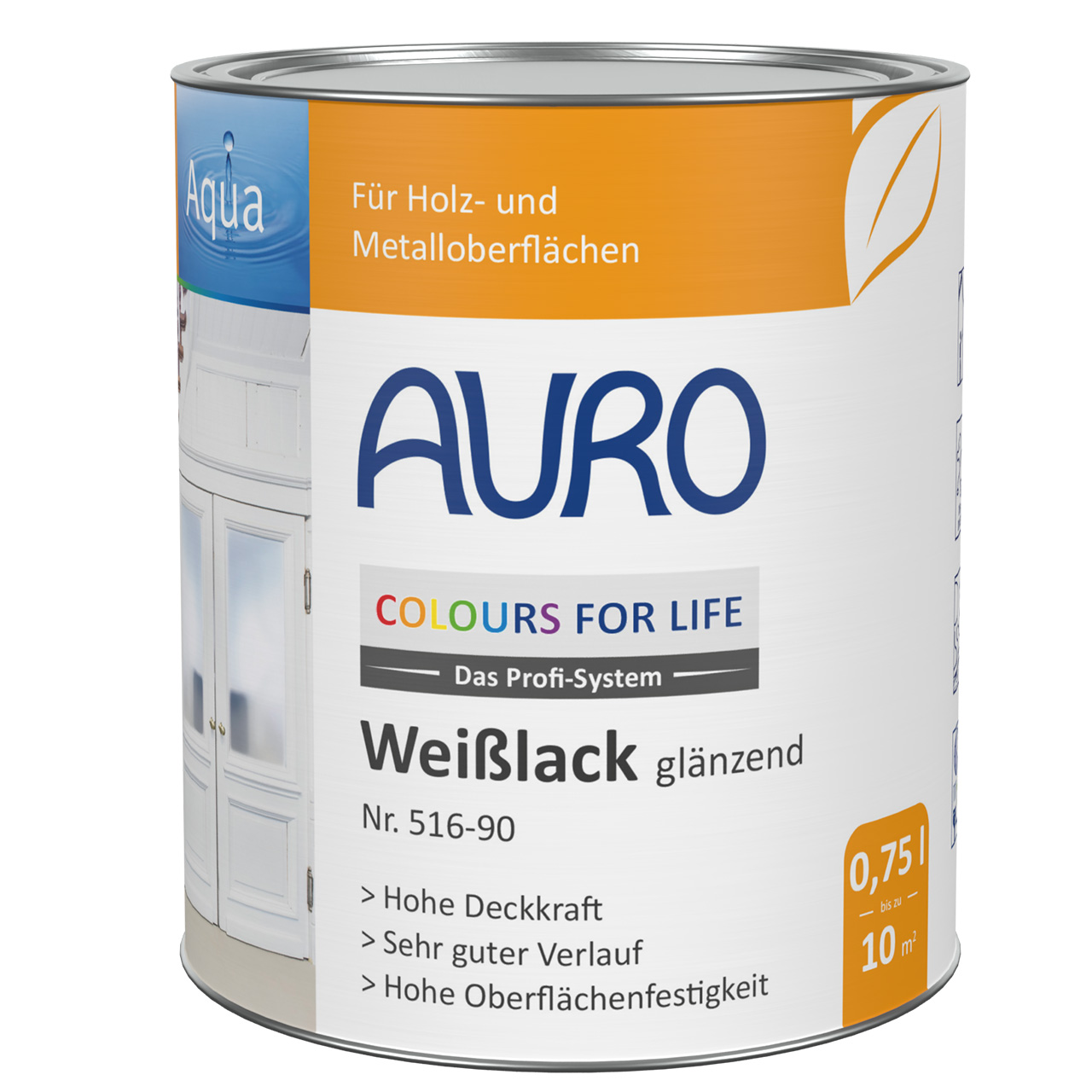 AURO COLOURS FOR LIFE Weißlack, glänzend Nr. 516-90 in 0,75 Liter Dose mit Siegeln auf weißem Etikett