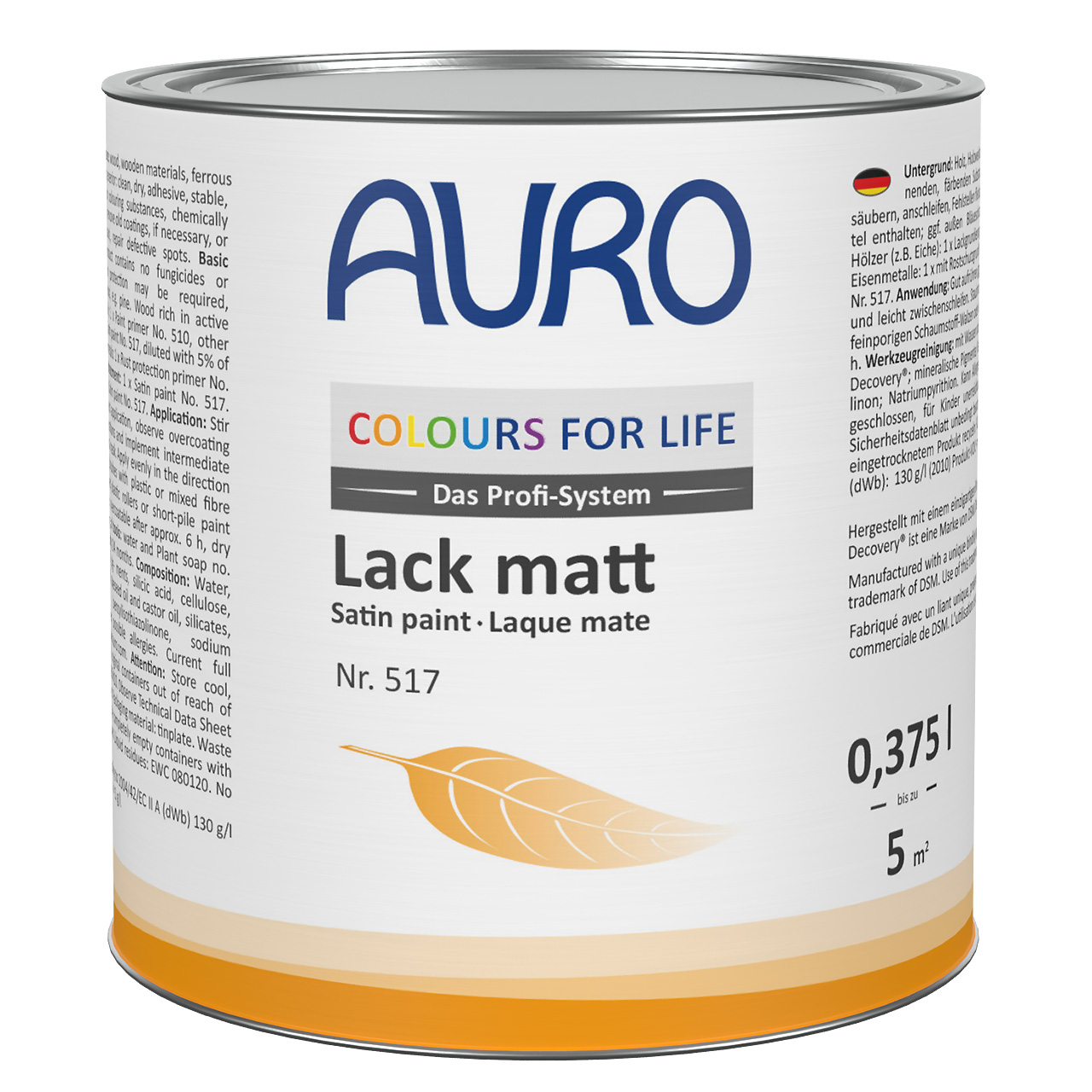 AURO COLOURS FOR LIFE Lack, matt Nr. 517 in 0,375 Liter Dose mit weißem Etikett