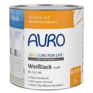 AURO COLOURS FOR LIFE Weißlack, matt Nr. 517-90 in 0,375 Liter Dose mit weißem Etikett und Qualitätssiegeln