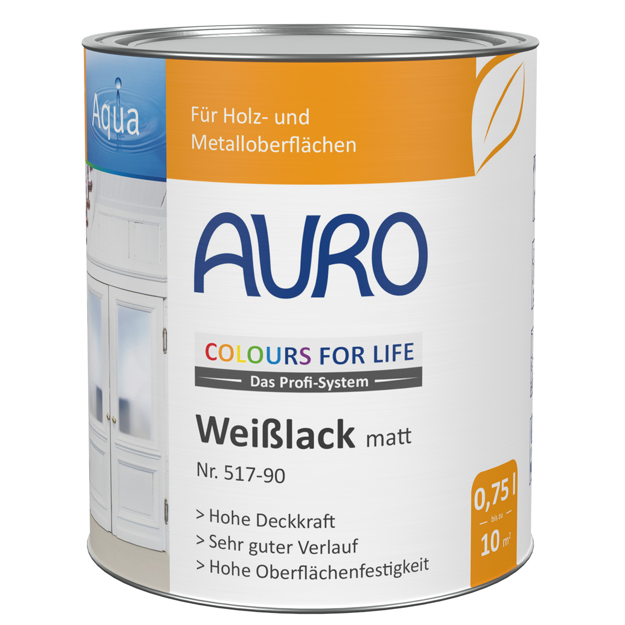 AURO COLOURS FOR LIFE Weißlack, matt Nr. 517-90 in 0,75 Liter Dose mit weißem Etikett und DIN-zertifizierten Siegeln