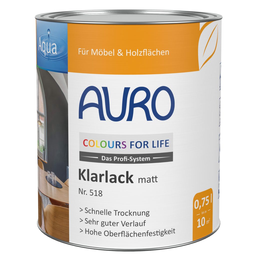 AURO COLOURS FOR LIFE Klarlack, matt Nr. 518 in 0,75 Liter Dose mit weißem Etikett und Spielzeugnorm-Hinweis