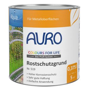 AURO COLOURS FOR LIFE Rostschutzgrund Nr. 519 in weißer 0,375 Liter Dose mit Etikett und sichtbarem Qualitätssiegel