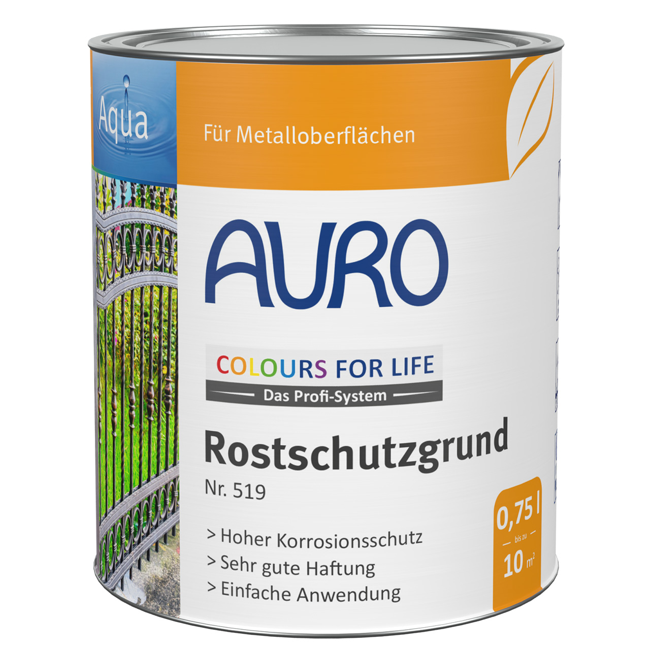AURO COLOURS FOR LIFE Rostschutzgrund Nr. 519 in weißer 0,75 Liter Dose mit Etikett, Produkttext und Siegel gut sichtbar