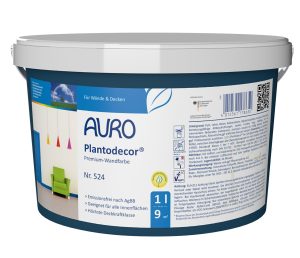 1 Liter Gebinde AURO Plantodecor® Nr. 524 Wandfarbe mit weißem Etikett und Testsiegeln