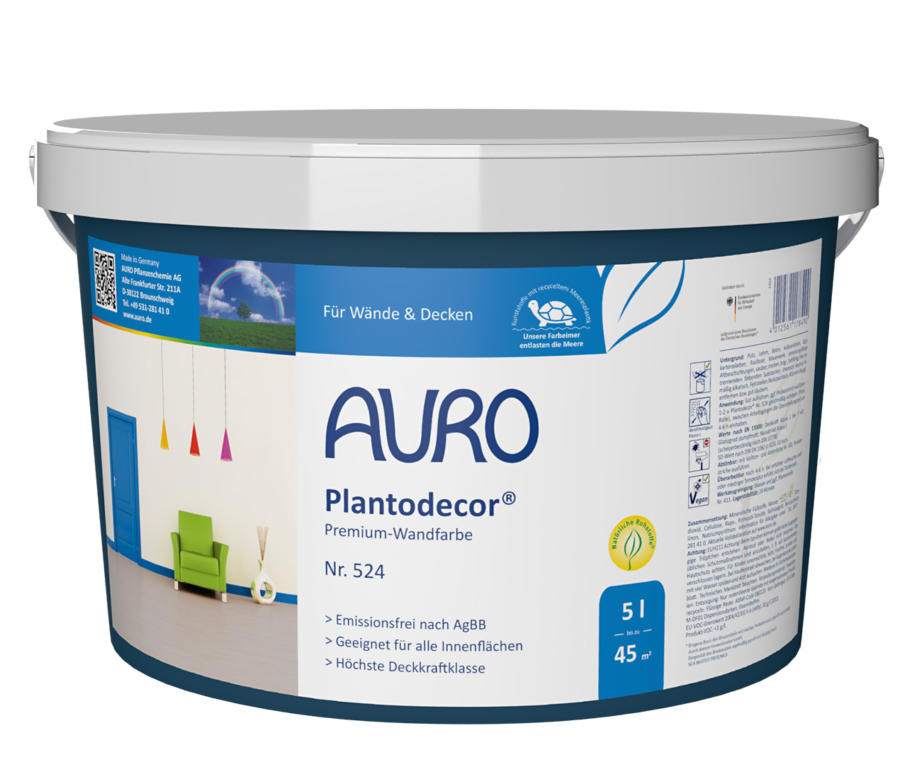 AURO Plantodecor® Nr. 524 Wandfarbe im 5 Liter Gebinde mit weißem Etikett und Prüfsiegeln
