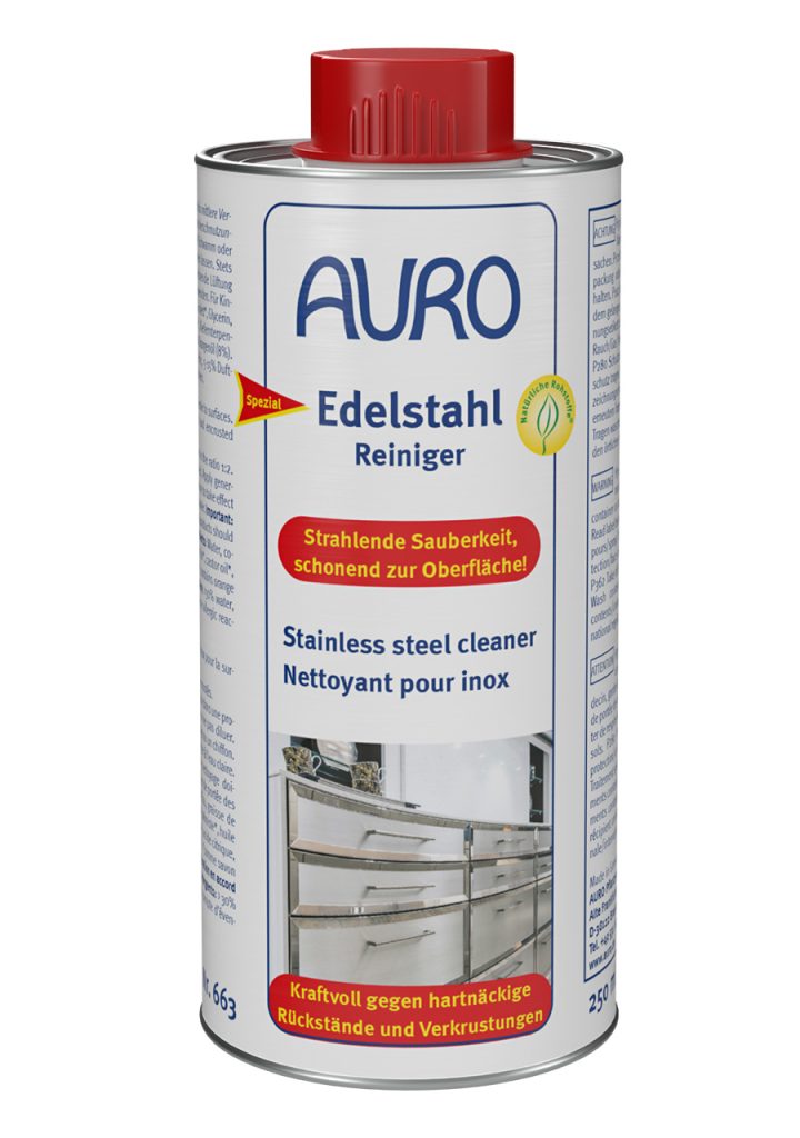 AURO Edelstahl-Reiniger Nr. 663, 0,25 Liter Blechflasche, schonend für Edelstahloberflächen, getestet mit „gut“.
