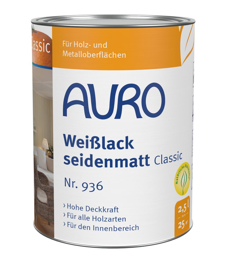 AURO Weißlack Classic Nr. 936 2,5 Liter Dose, seidenmatter weißer Decklack für Holz und Eisenmetall.