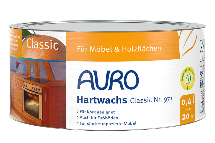 AURO Hartwachs Classic Nr. 971 0,4 Liter Dose, Bienen- und Pflanzenwachs, seidenmatt, für Holz, Linoleum, Kork und Tonfliesen.