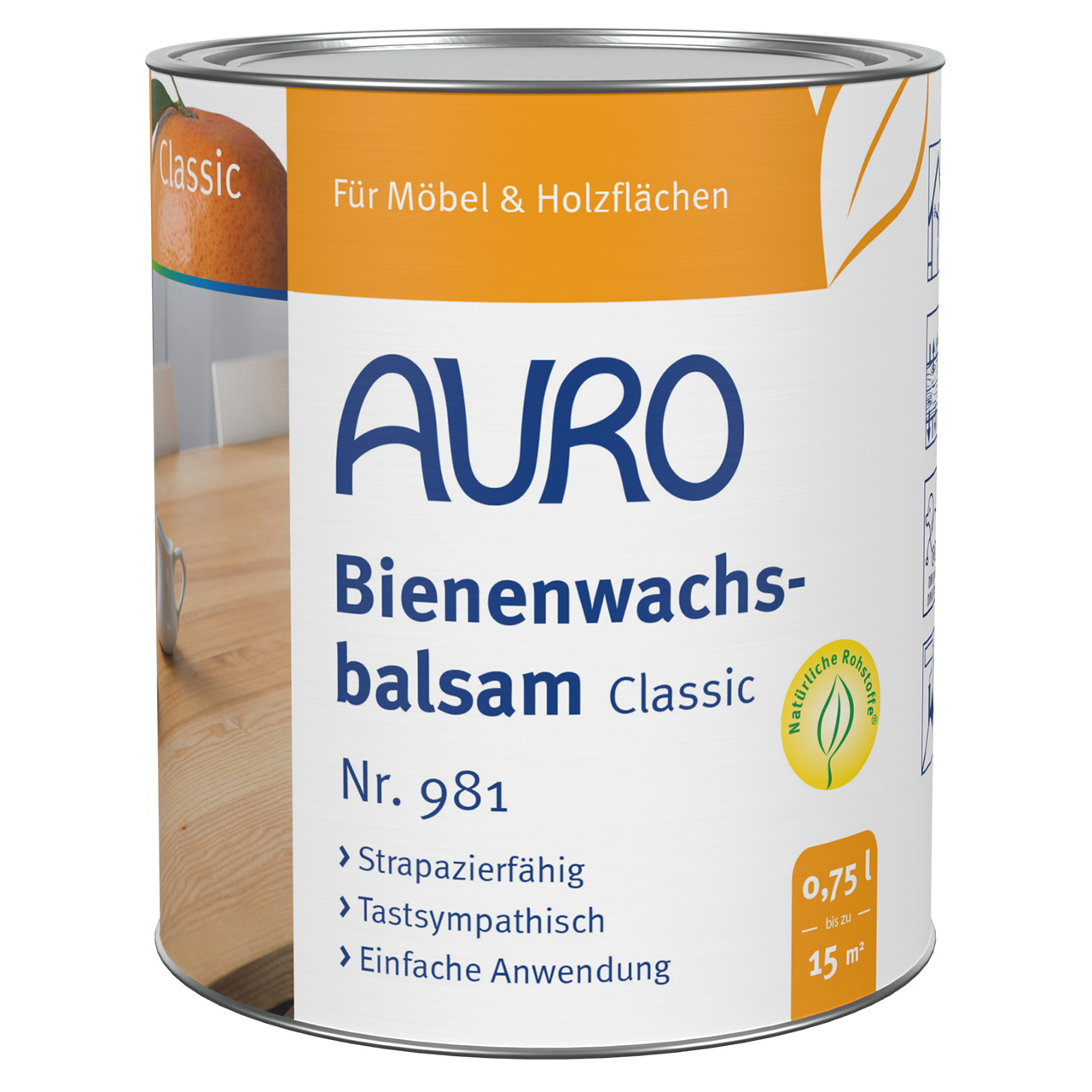 AURO Flüssiger Bienenwachsbalsam 0,75 Liter Dose, honiggetönt, für seidenglänzende Holzoberflächen.