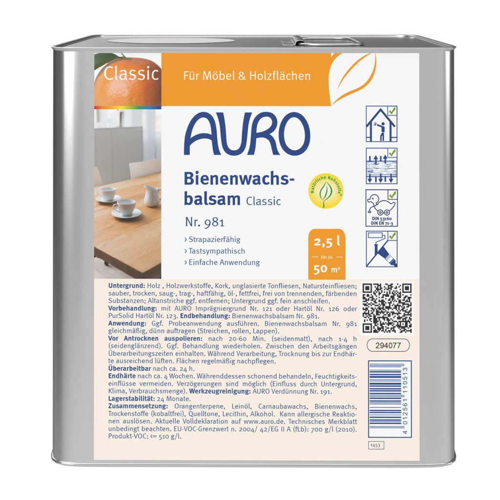 AURO Flüssiger Bienenwachsbalsam 2,5 Liter Dose, honiggetönt, für große Holzflächen im Innenbereich.