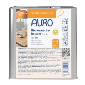 AURO Flüssiger Bienenwachsbalsam 2,5 Liter Dose, honiggetönt, für große Holzflächen im Innenbereich.